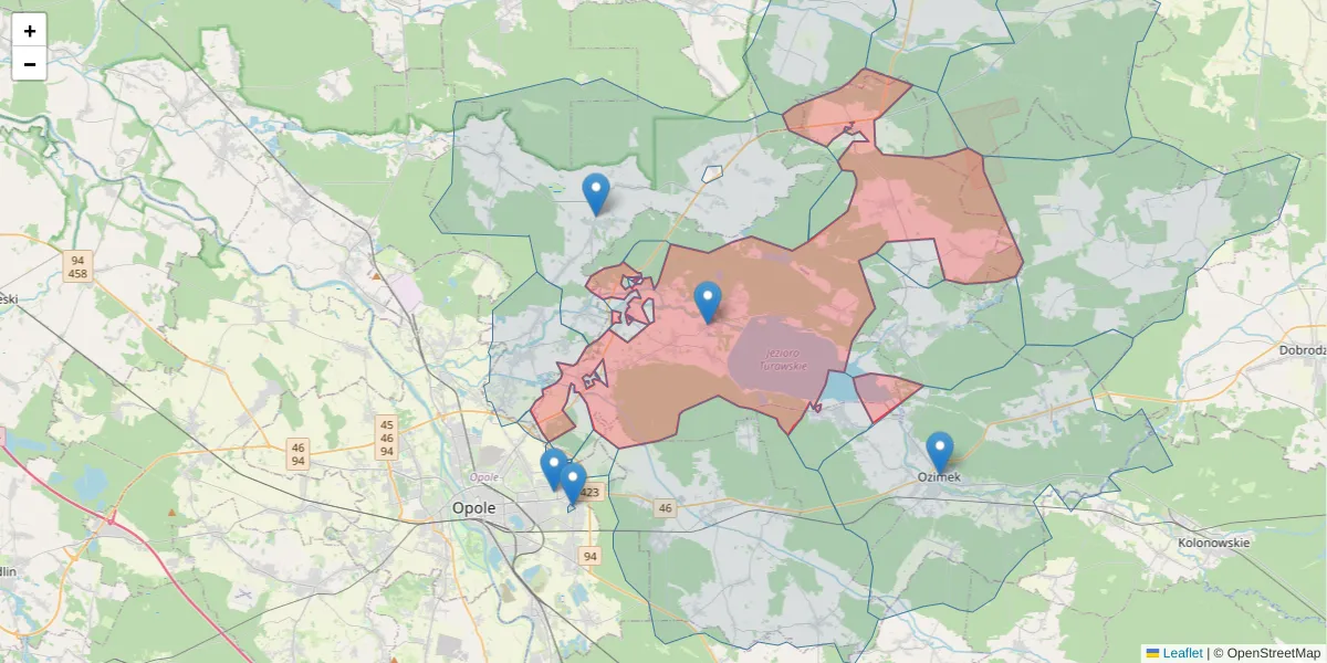 Szczegółowa mapa kodu pocztowego 46-045 z granicami, sąsiednimi kodami pocztowymi i urzędami pocztowymi