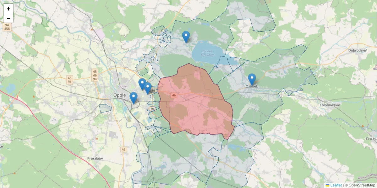 Szczegółowa mapa kodu pocztowego 46-053 z granicami, sąsiednimi kodami pocztowymi i urzędami pocztowymi