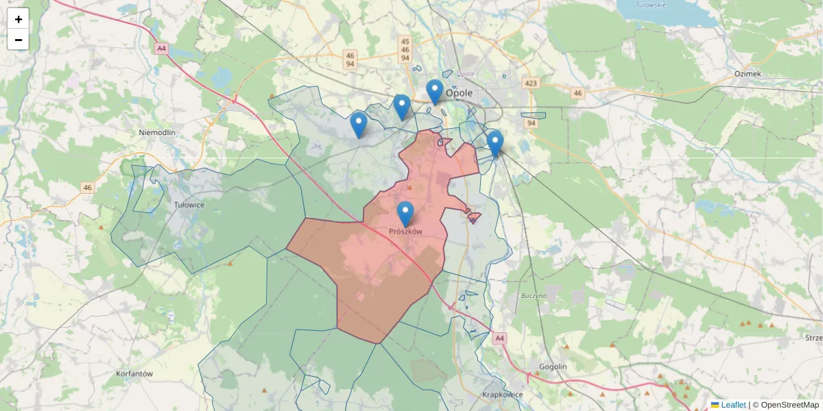 Szczegółowa mapa kodu pocztowego 46-060 z granicami, sąsiednimi kodami pocztowymi i urzędami pocztowymi