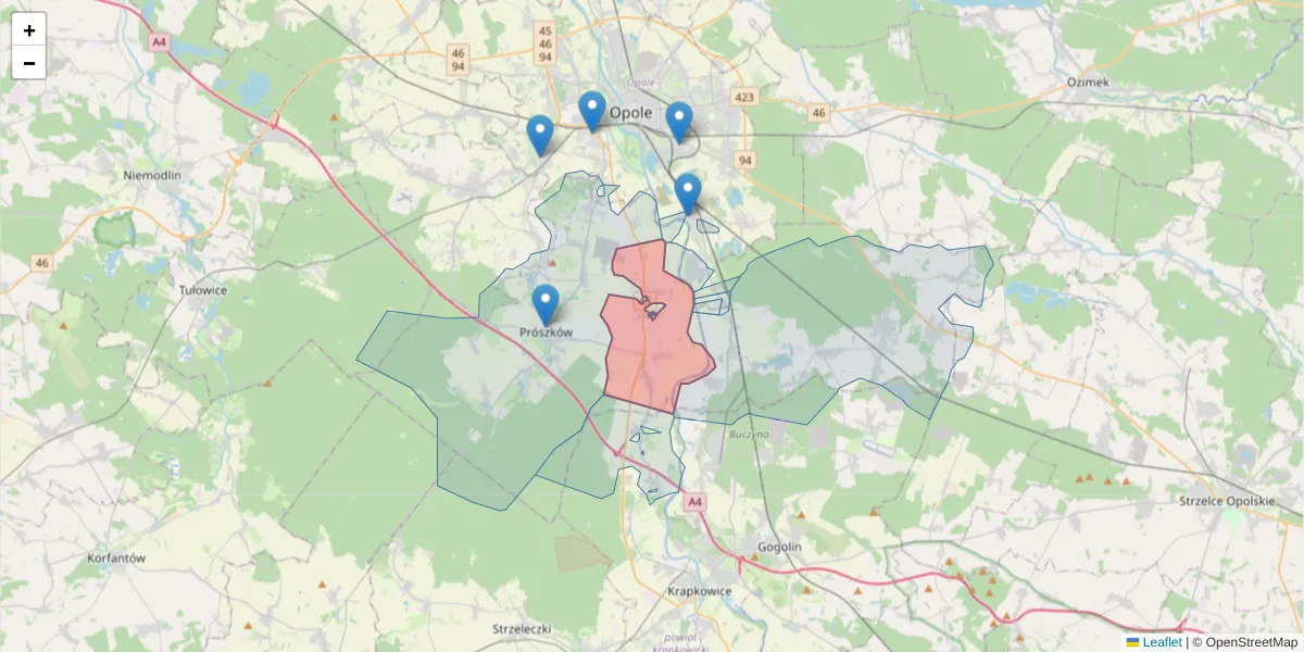 Szczegółowa mapa kodu pocztowego 46-061 z granicami, sąsiednimi kodami pocztowymi i urzędami pocztowymi