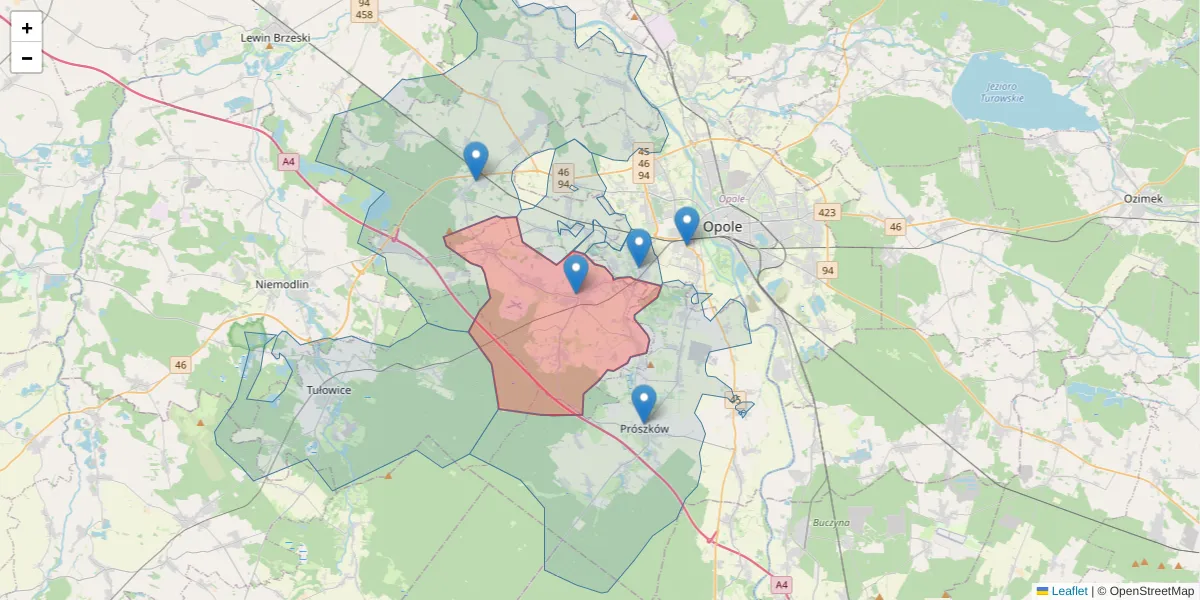 Szczegółowa mapa kodu pocztowego 46-070 z granicami, sąsiednimi kodami pocztowymi i urzędami pocztowymi