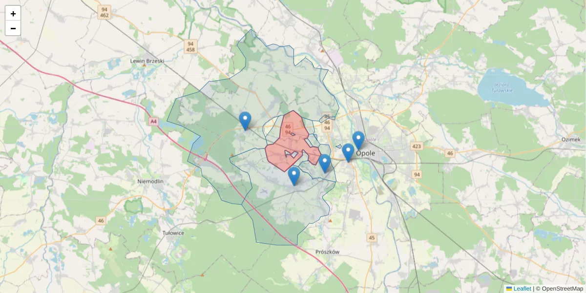 Szczegółowa mapa kodu pocztowego 46-073 z granicami, sąsiednimi kodami pocztowymi i urzędami pocztowymi