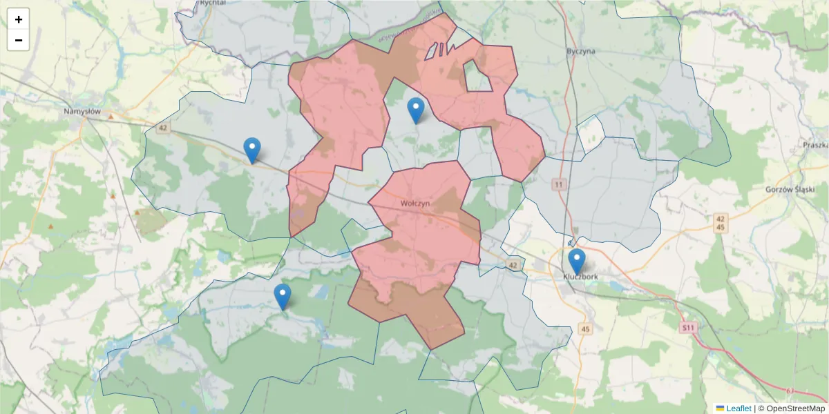 Szczegółowa mapa kodu pocztowego 46-250 z granicami, sąsiednimi kodami pocztowymi i urzędami pocztowymi