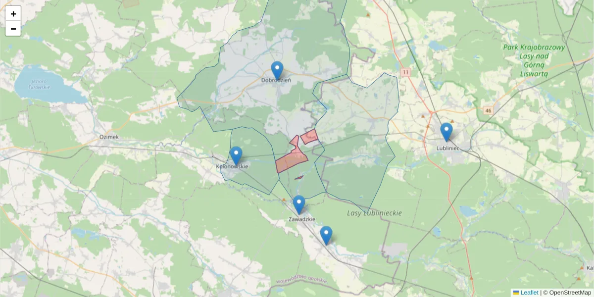 Szczegółowa mapa kodu pocztowego 46-375 z granicami, sąsiednimi kodami pocztowymi i urzędami pocztowymi