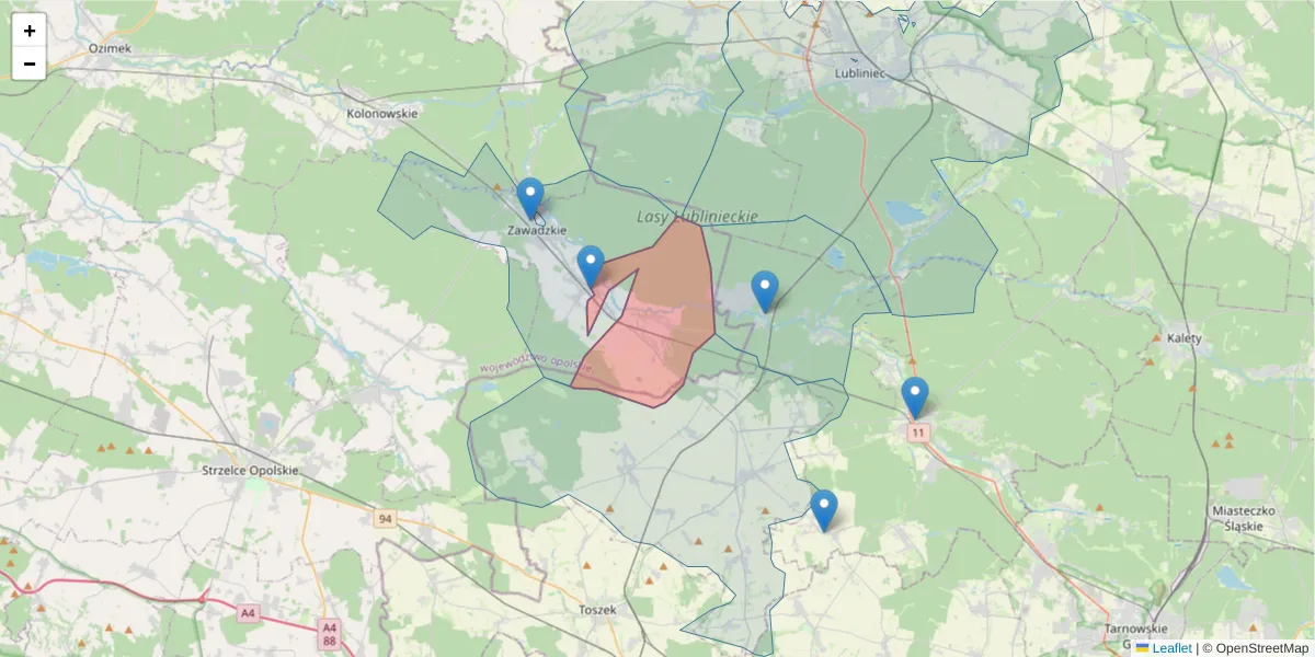 Szczegółowa mapa kodu pocztowego 47-126 z granicami, sąsiednimi kodami pocztowymi i urzędami pocztowymi