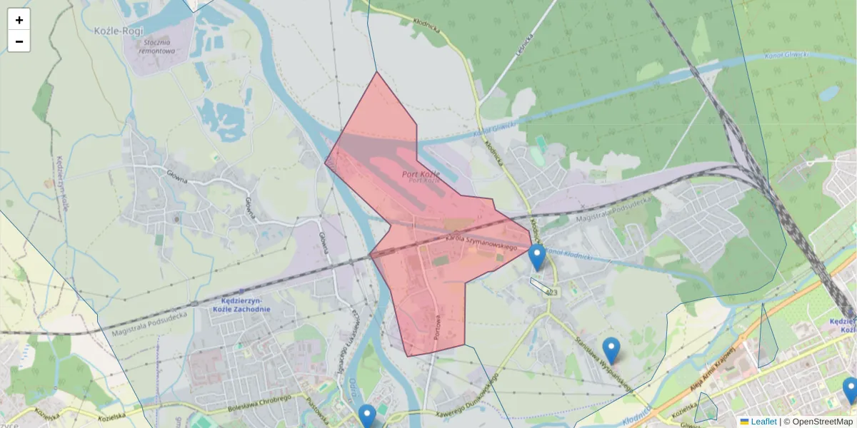 Szczegółowa mapa kodu pocztowego 47-205 z granicami, sąsiednimi kodami pocztowymi i urzędami pocztowymi