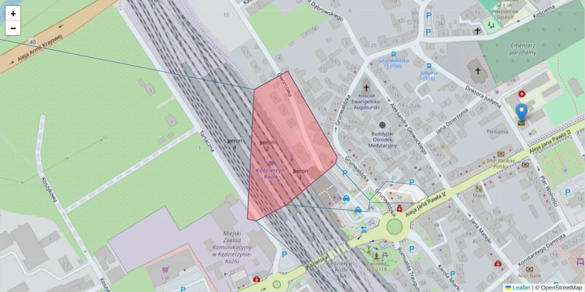 Szczegółowa mapa kodu pocztowego 47-222 z granicami, sąsiednimi kodami pocztowymi i urzędami pocztowymi