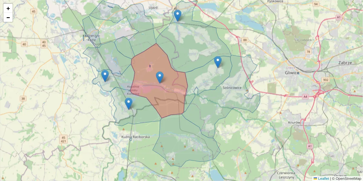 Szczegółowa mapa kodu pocztowego 47-246 z granicami, sąsiednimi kodami pocztowymi i urzędami pocztowymi