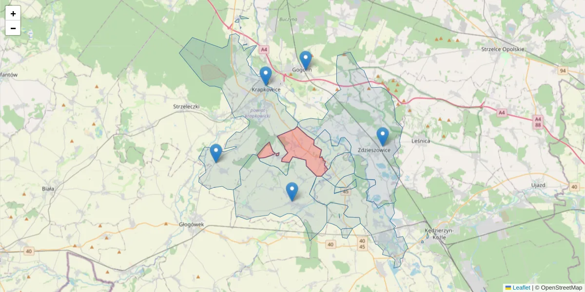 Szczegółowa mapa kodu pocztowego 47-341 z granicami, sąsiednimi kodami pocztowymi i urzędami pocztowymi