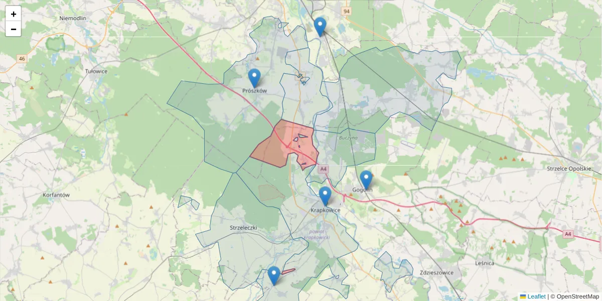 Szczegółowa mapa kodu pocztowego 47-351 z granicami, sąsiednimi kodami pocztowymi i urzędami pocztowymi