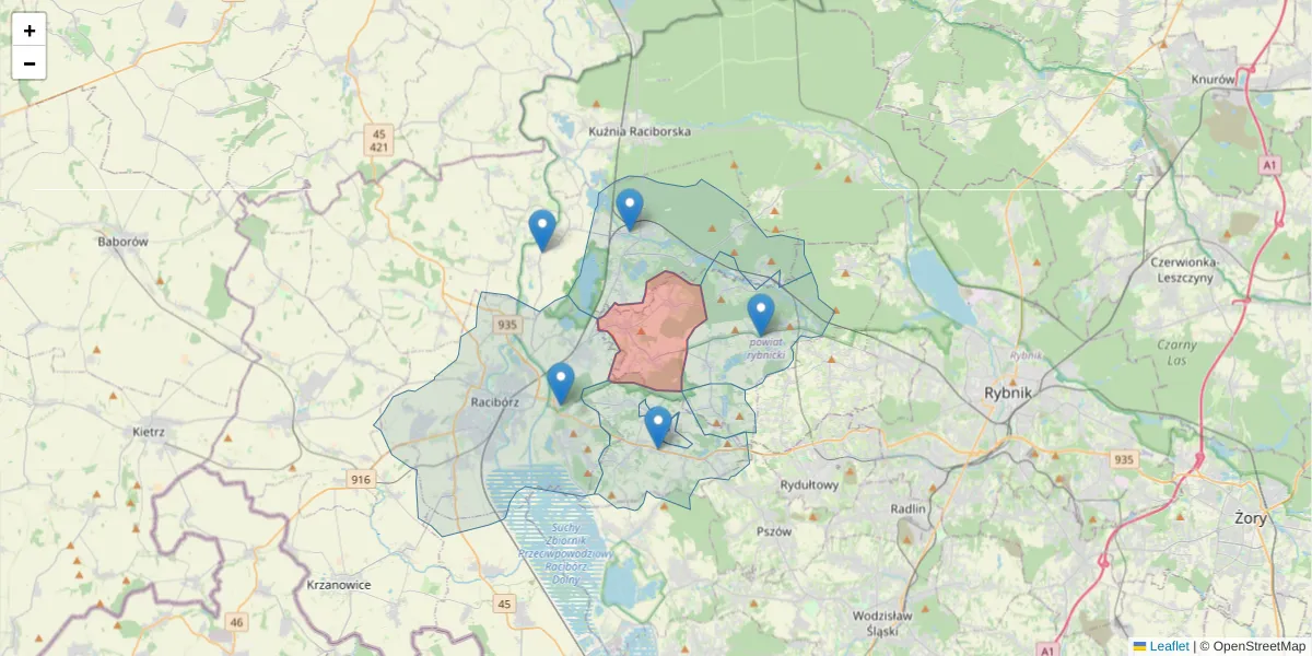 Szczegółowa mapa kodu pocztowego 47-435 z granicami, sąsiednimi kodami pocztowymi i urzędami pocztowymi