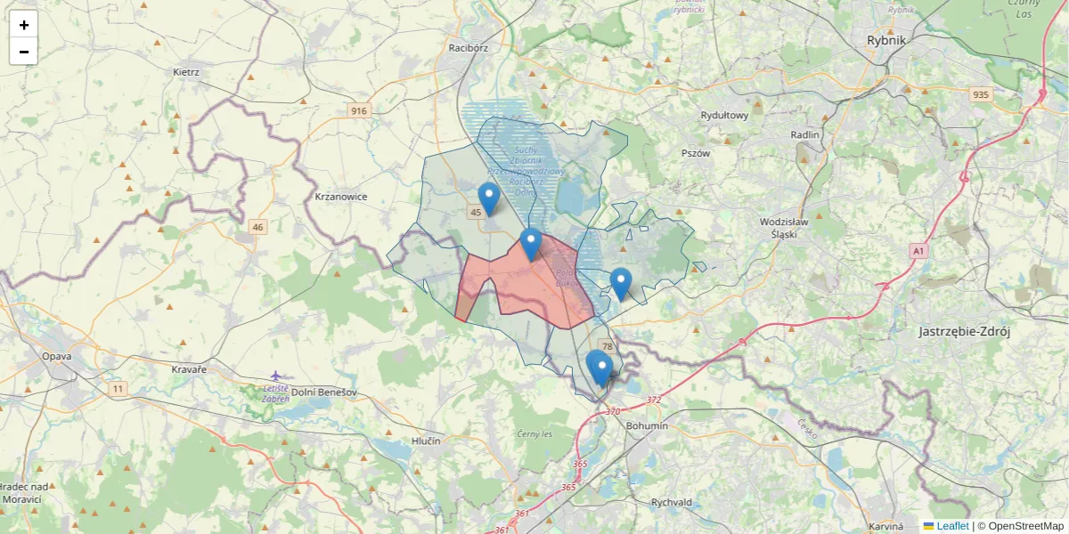 Szczegółowa mapa kodu pocztowego 47-450 z granicami, sąsiednimi kodami pocztowymi i urzędami pocztowymi