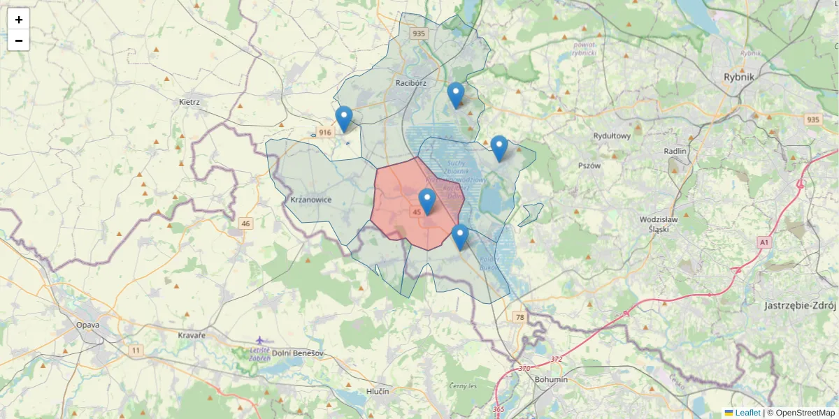 Szczegółowa mapa kodu pocztowego 47-451 z granicami, sąsiednimi kodami pocztowymi i urzędami pocztowymi