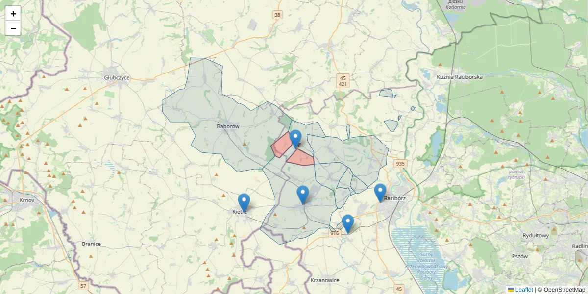 Szczegółowa mapa kodu pocztowego 47-494 z granicami, sąsiednimi kodami pocztowymi i urzędami pocztowymi