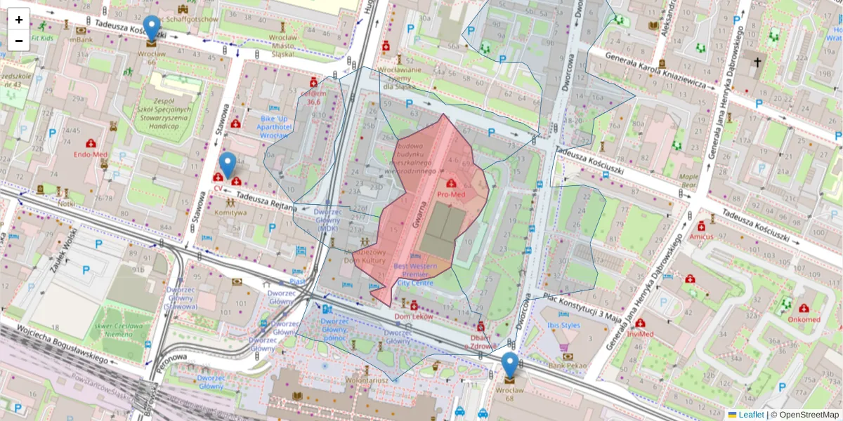 Szczegółowa mapa kodu pocztowego 50-001 z granicami, sąsiednimi kodami pocztowymi i urzędami pocztowymi
