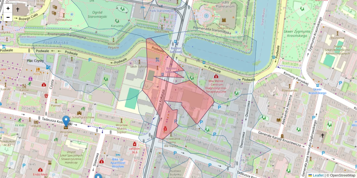 Szczegółowa mapa kodu pocztowego 50-004 z granicami, sąsiednimi kodami pocztowymi i urzędami pocztowymi