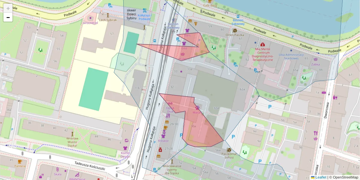 Szczegółowa mapa kodu pocztowego 50-005 z granicami, sąsiednimi kodami pocztowymi i urzędami pocztowymi