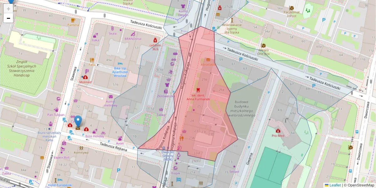 Szczegółowa mapa kodu pocztowego 50-007 z granicami, sąsiednimi kodami pocztowymi i urzędami pocztowymi