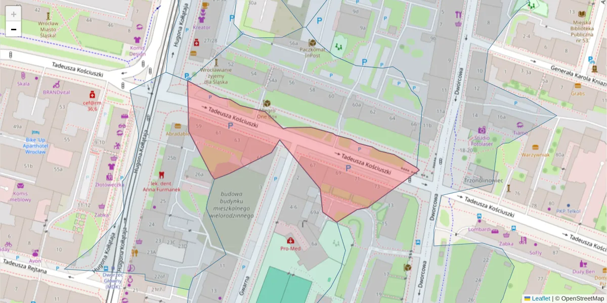 Szczegółowa mapa kodu pocztowego 50-008 z granicami, sąsiednimi kodami pocztowymi i urzędami pocztowymi