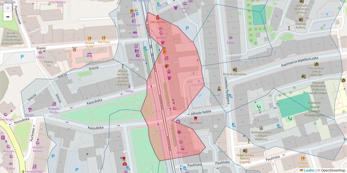 Szczegółowa mapa kodu pocztowego 50-217 z granicami, sąsiednimi kodami pocztowymi i urzędami pocztowymi