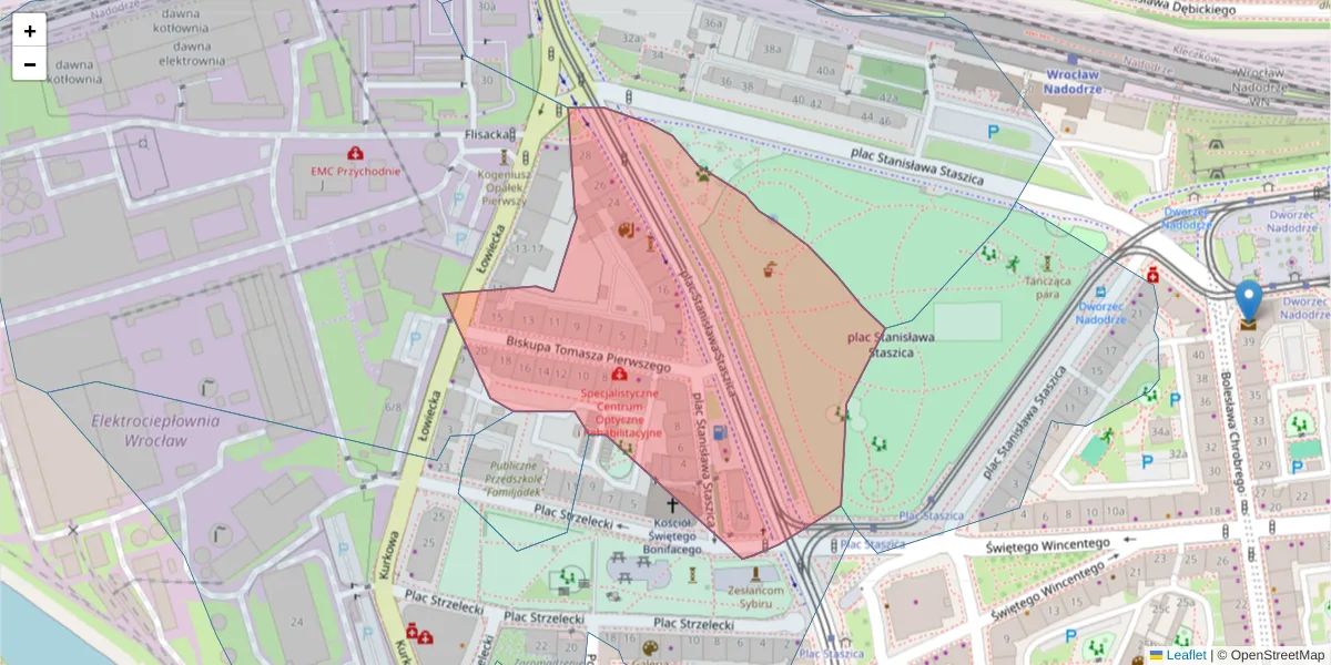 Szczegółowa mapa kodu pocztowego 50-221 z granicami, sąsiednimi kodami pocztowymi i urzędami pocztowymi
