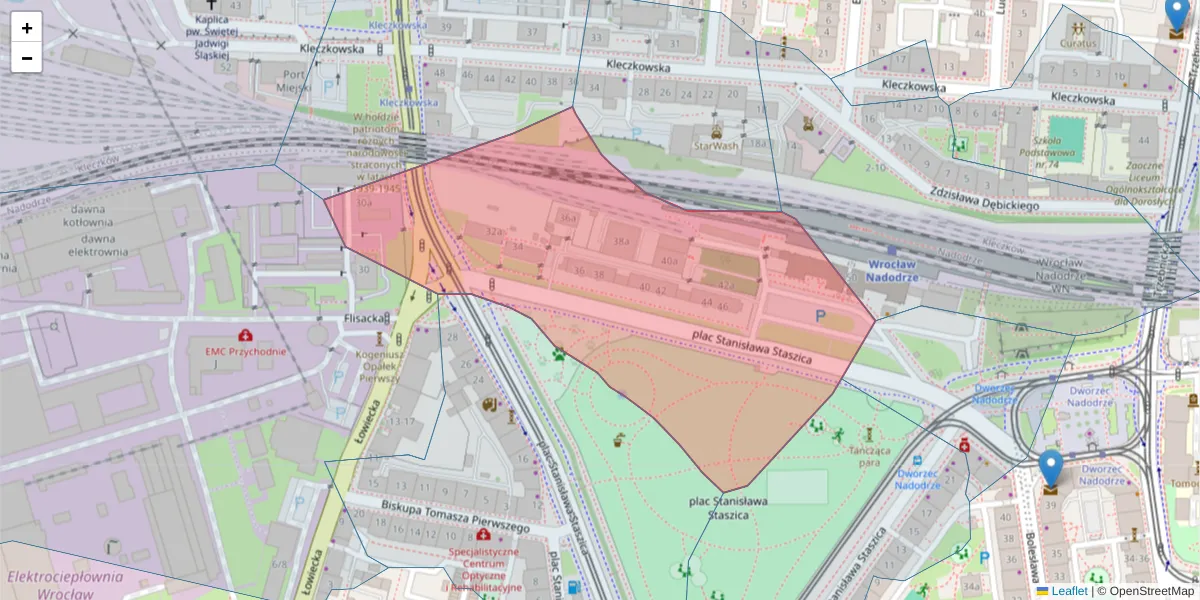 Szczegółowa mapa kodu pocztowego 50-222 z granicami, sąsiednimi kodami pocztowymi i urzędami pocztowymi