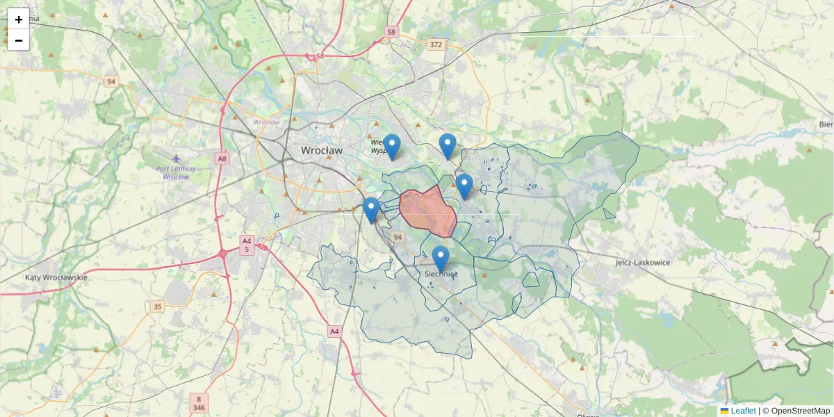 Szczegółowa mapa kodu pocztowego 50-458 z granicami, sąsiednimi kodami pocztowymi i urzędami pocztowymi