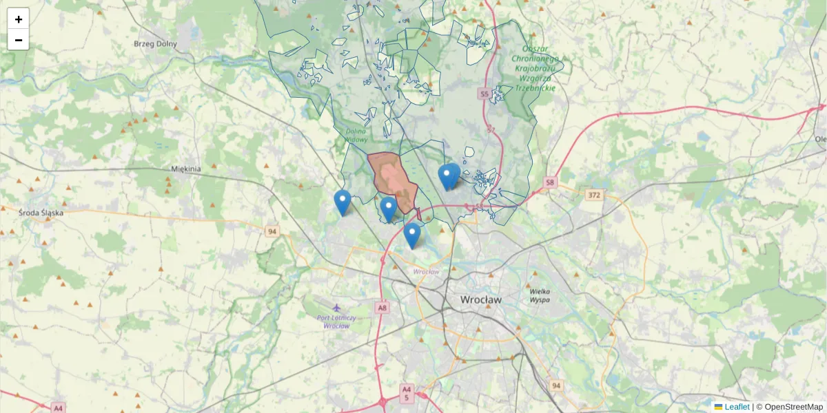 Szczegółowa mapa kodu pocztowego 51-050 z granicami, sąsiednimi kodami pocztowymi i urzędami pocztowymi