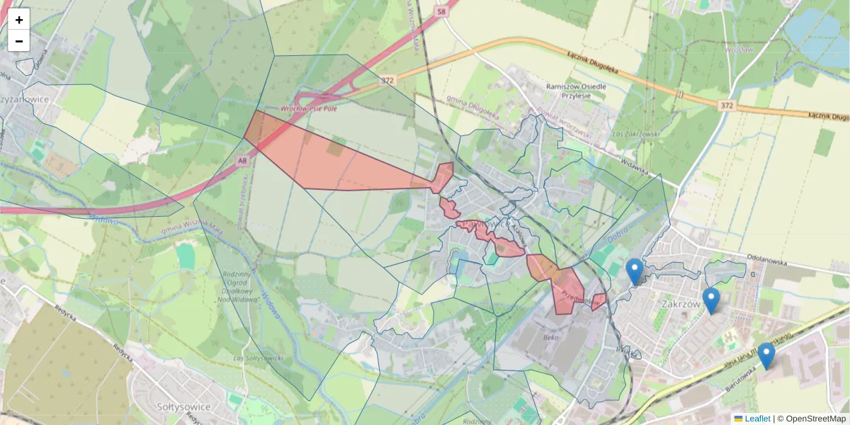 Szczegółowa mapa kodu pocztowego 51-211 z granicami, sąsiednimi kodami pocztowymi i urzędami pocztowymi