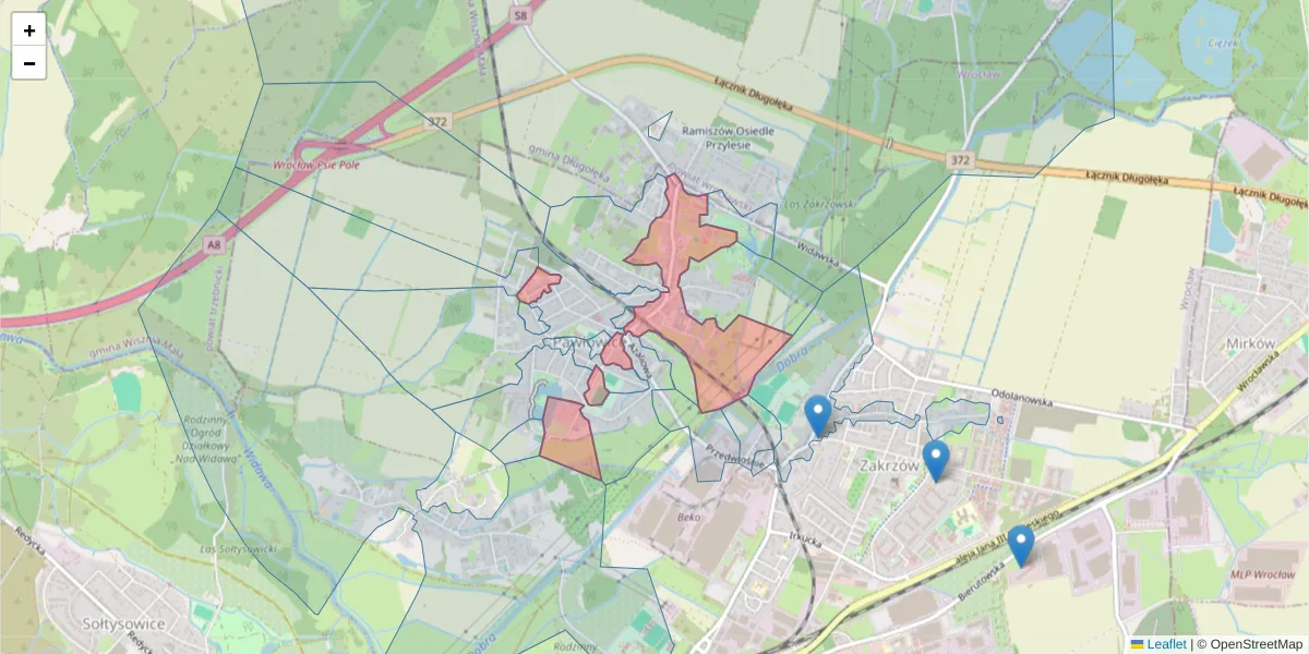 Szczegółowa mapa kodu pocztowego 51-250 z granicami, sąsiednimi kodami pocztowymi i urzędami pocztowymi