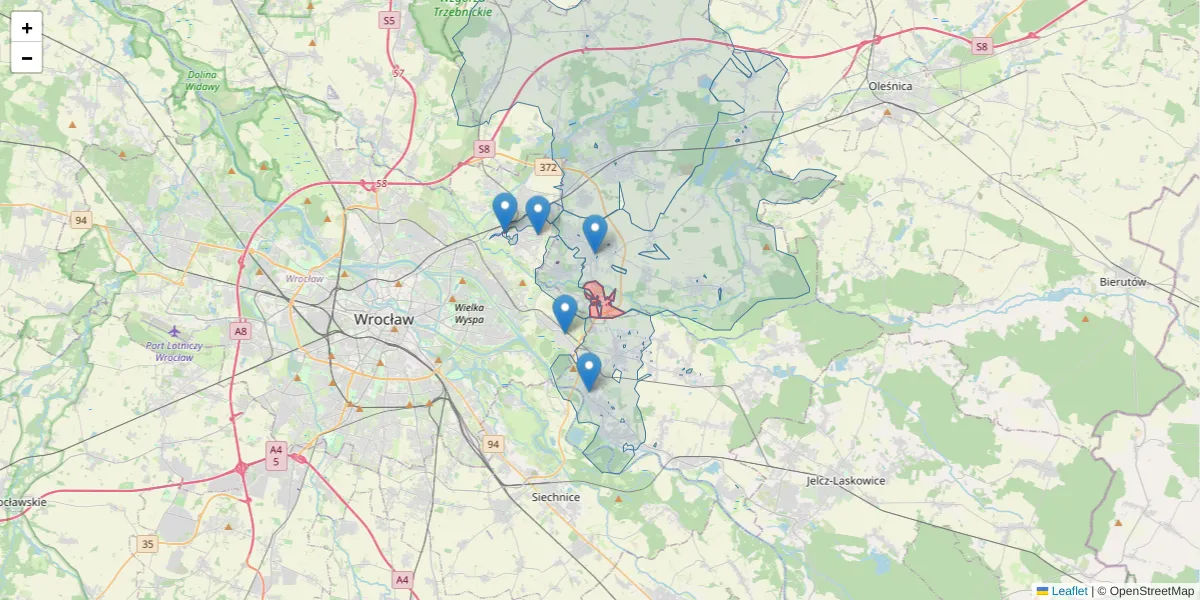 Szczegółowa mapa kodu pocztowego 51-311 z granicami, sąsiednimi kodami pocztowymi i urzędami pocztowymi