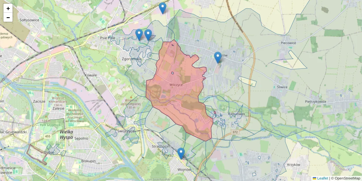 Szczegółowa mapa kodu pocztowego 51-361 z granicami, sąsiednimi kodami pocztowymi i urzędami pocztowymi
