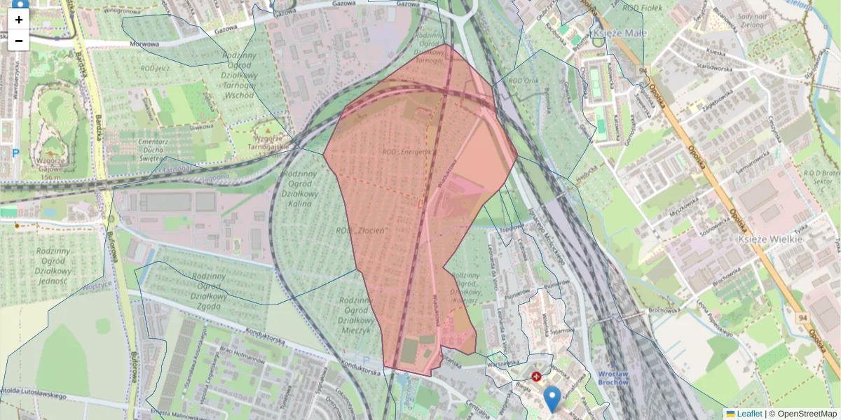 Szczegółowa mapa kodu pocztowego 52-111 z granicami, sąsiednimi kodami pocztowymi i urzędami pocztowymi