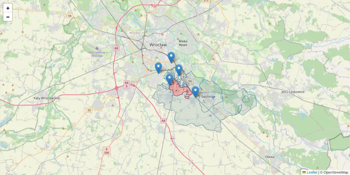 Szczegółowa mapa kodu pocztowego 52-116 z granicami, sąsiednimi kodami pocztowymi i urzędami pocztowymi