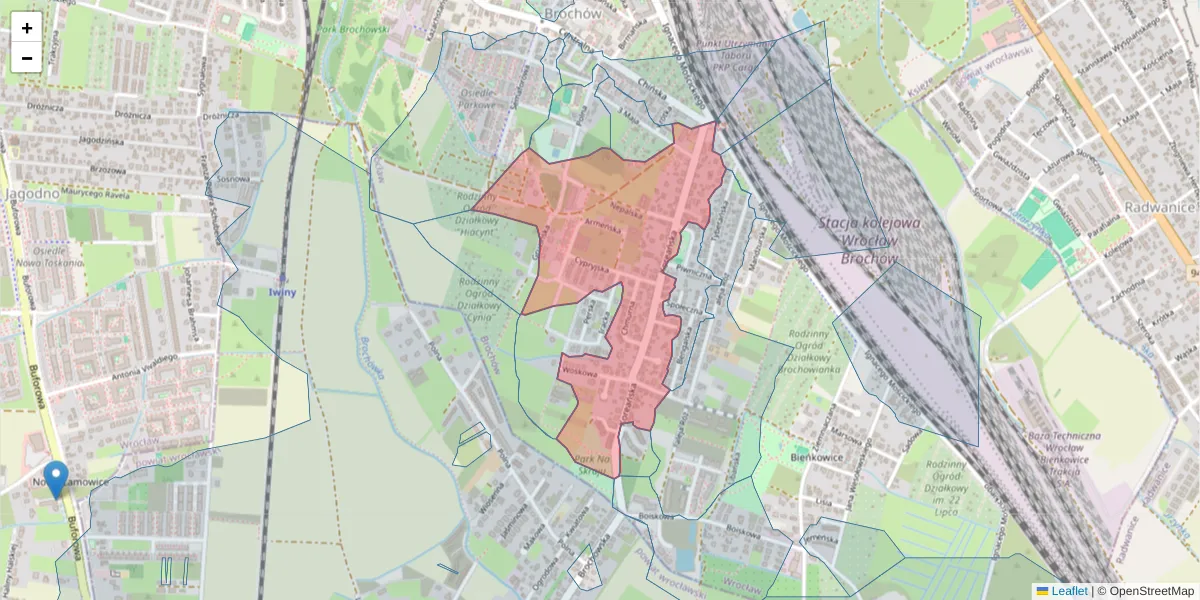 Szczegółowa mapa kodu pocztowego 52-121 z granicami, sąsiednimi kodami pocztowymi i urzędami pocztowymi
