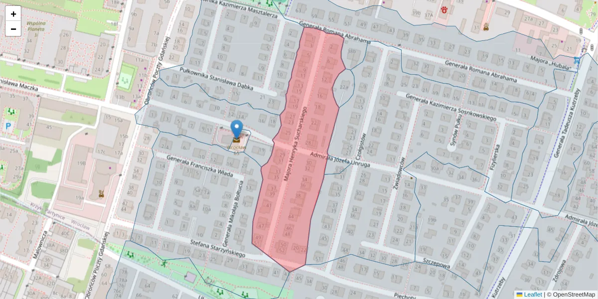 Szczegółowa mapa kodu pocztowego 52-205 z granicami, sąsiednimi kodami pocztowymi i urzędami pocztowymi