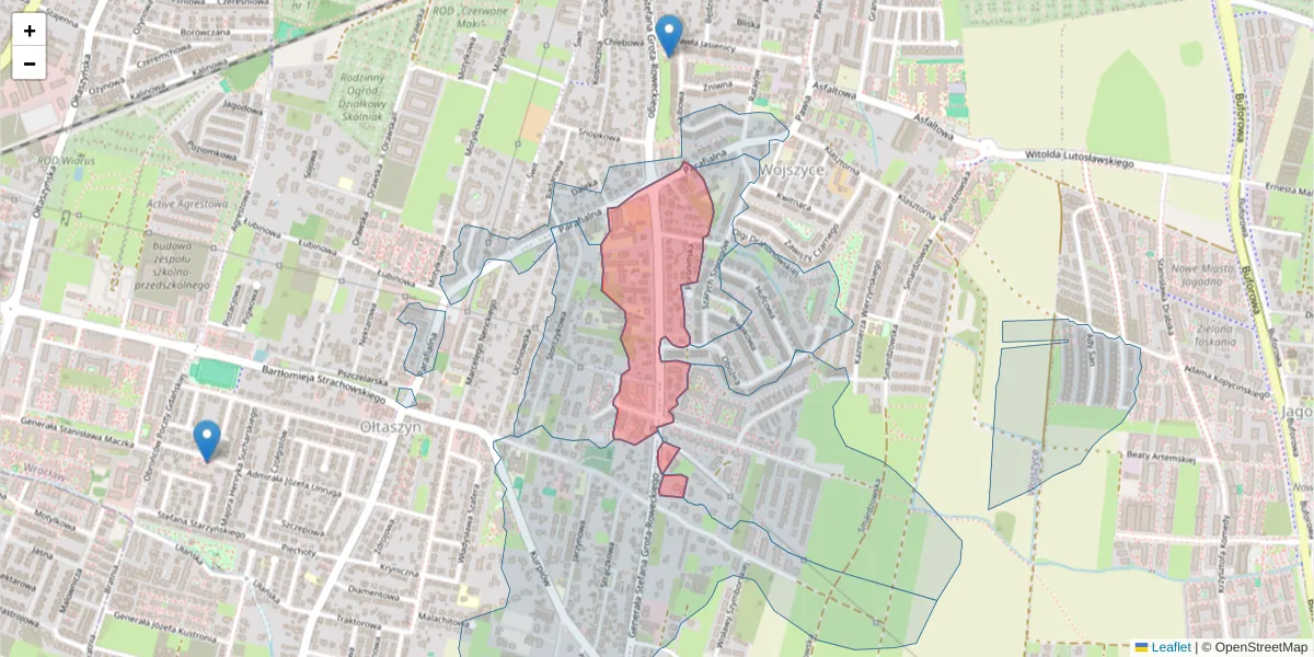 Szczegółowa mapa kodu pocztowego 52-232 z granicami, sąsiednimi kodami pocztowymi i urzędami pocztowymi