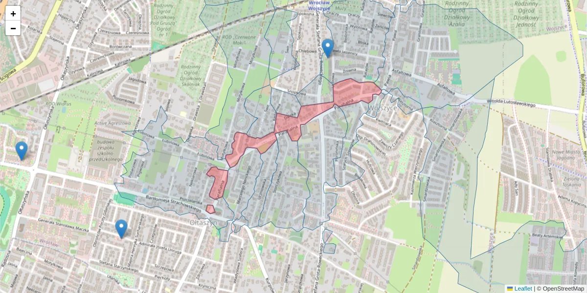 Szczegółowa mapa kodu pocztowego 52-233 z granicami, sąsiednimi kodami pocztowymi i urzędami pocztowymi