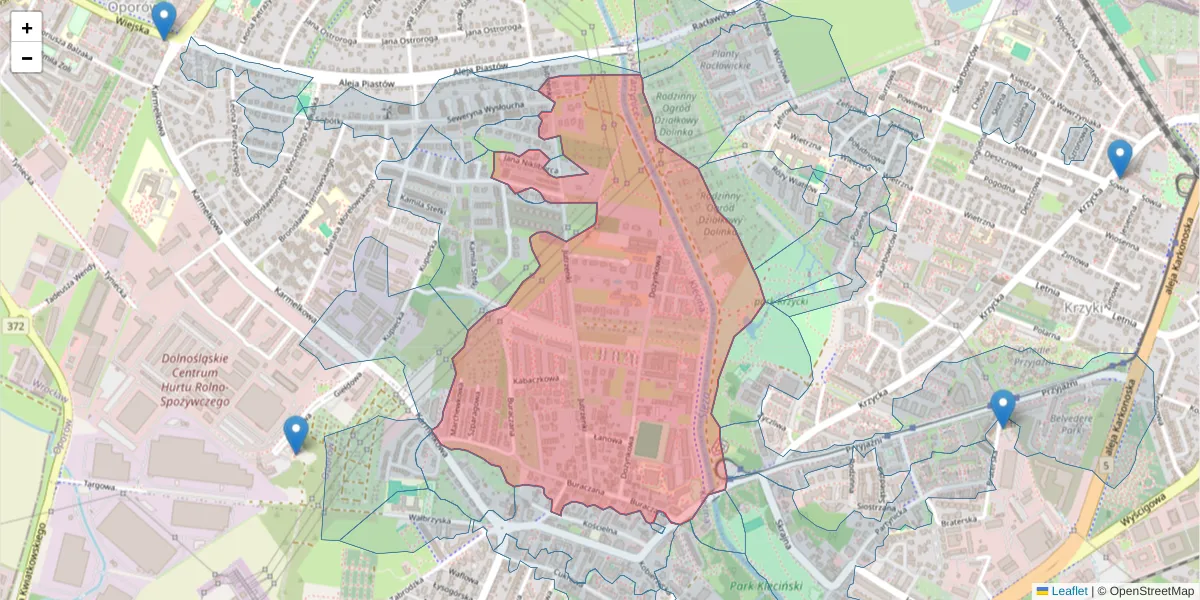 Szczegółowa mapa kodu pocztowego 52-311 z granicami, sąsiednimi kodami pocztowymi i urzędami pocztowymi