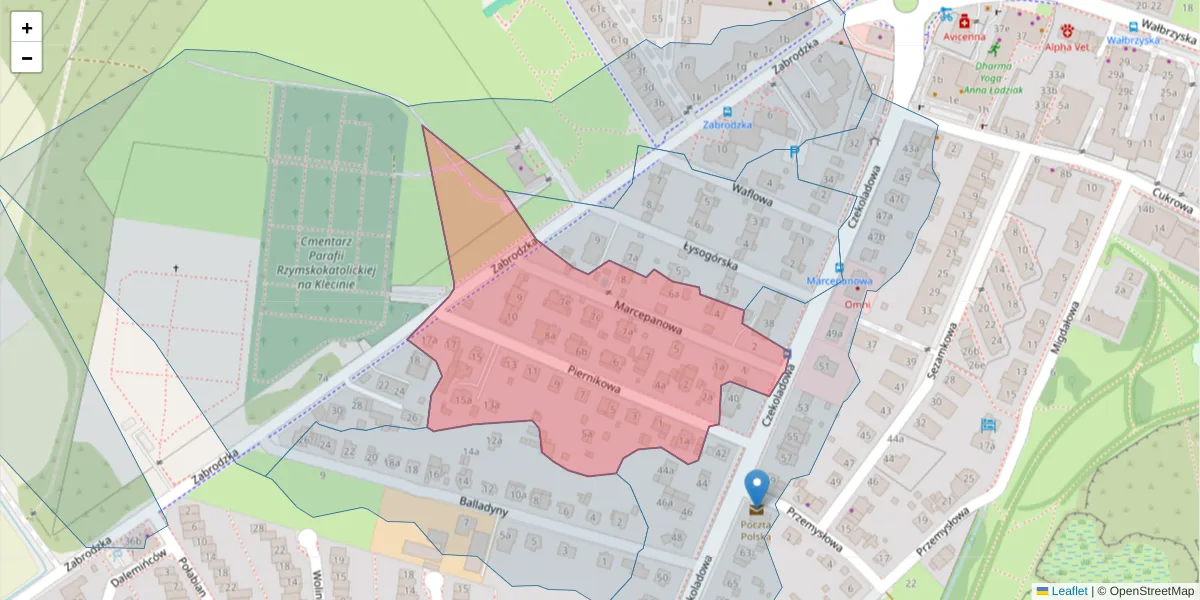 Szczegółowa mapa kodu pocztowego 52-332 z granicami, sąsiednimi kodami pocztowymi i urzędami pocztowymi