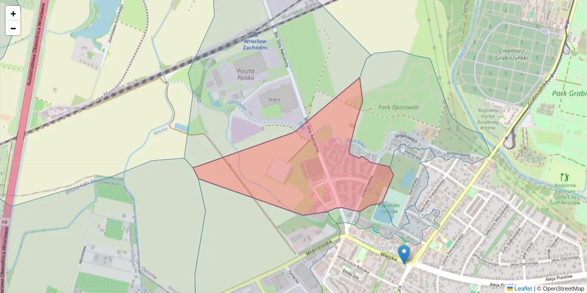 Szczegółowa mapa kodu pocztowego 52-405 z granicami, sąsiednimi kodami pocztowymi i urzędami pocztowymi