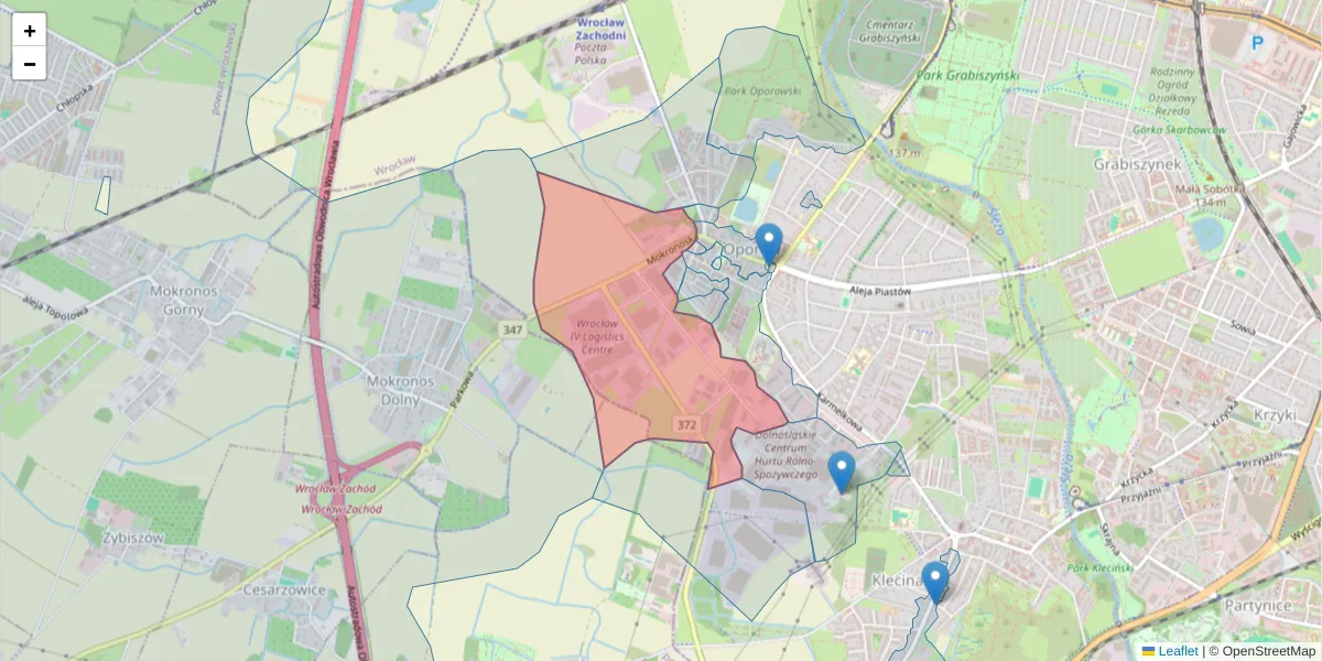Szczegółowa mapa kodu pocztowego 52-407 z granicami, sąsiednimi kodami pocztowymi i urzędami pocztowymi