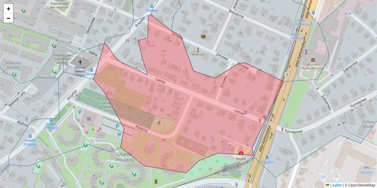 Szczegółowa mapa kodu pocztowego 53-018 z granicami, sąsiednimi kodami pocztowymi i urzędami pocztowymi