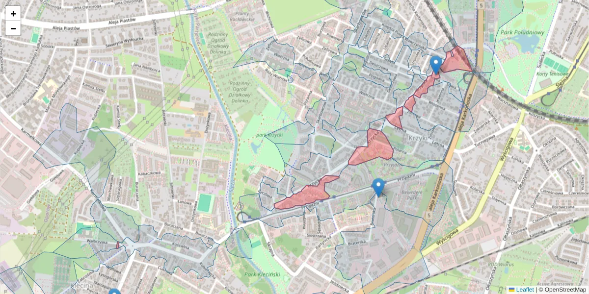 Szczegółowa mapa kodu pocztowego 53-019 z granicami, sąsiednimi kodami pocztowymi i urzędami pocztowymi