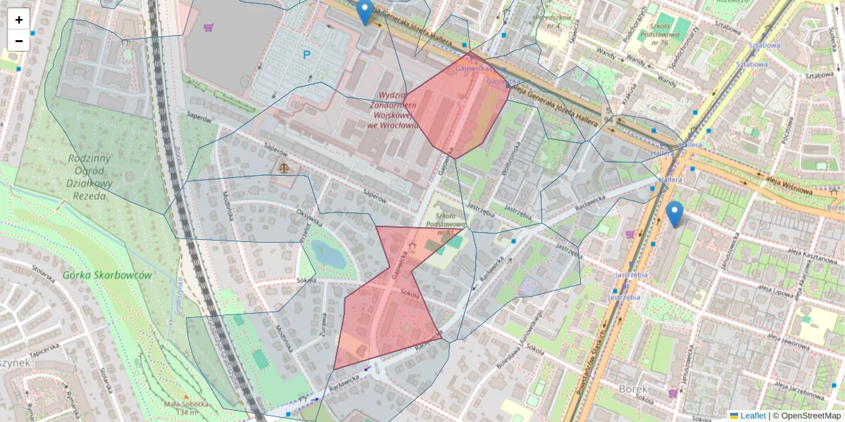 Szczegółowa mapa kodu pocztowego 53-150 z granicami, sąsiednimi kodami pocztowymi i urzędami pocztowymi