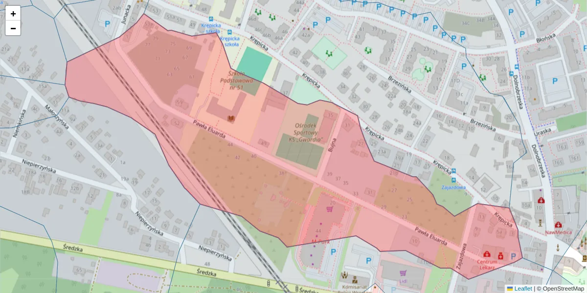 Szczegółowa mapa kodu pocztowego 54-019 z granicami, sąsiednimi kodami pocztowymi i urzędami pocztowymi