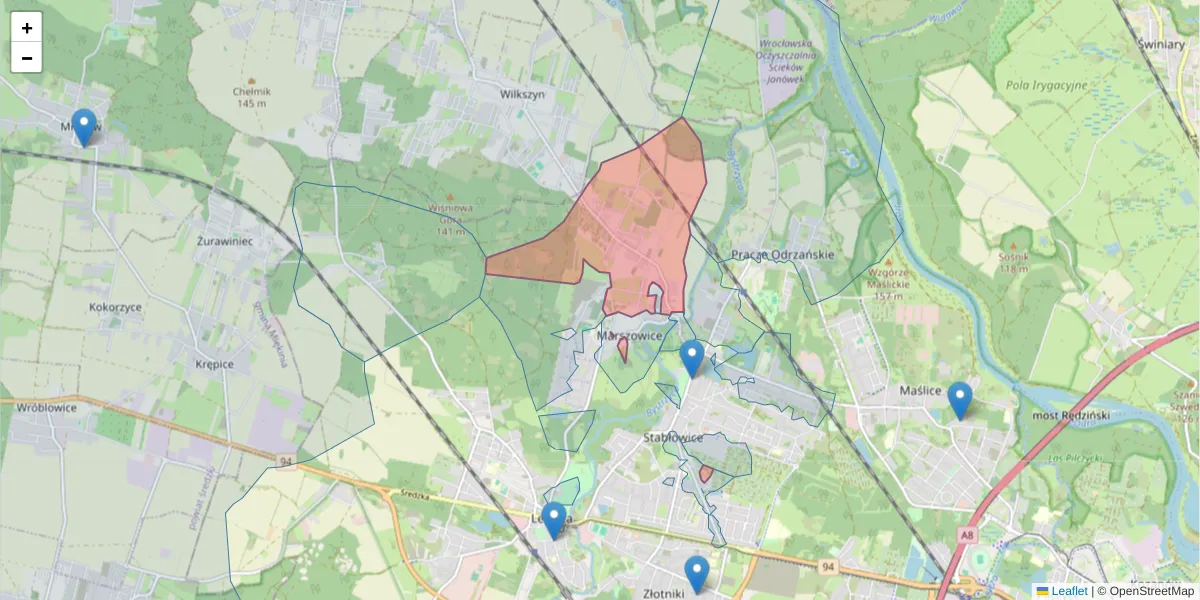 Szczegółowa mapa kodu pocztowego 54-079 z granicami, sąsiednimi kodami pocztowymi i urzędami pocztowymi