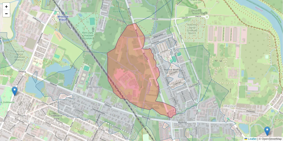 Szczegółowa mapa kodu pocztowego 54-103 z granicami, sąsiednimi kodami pocztowymi i urzędami pocztowymi