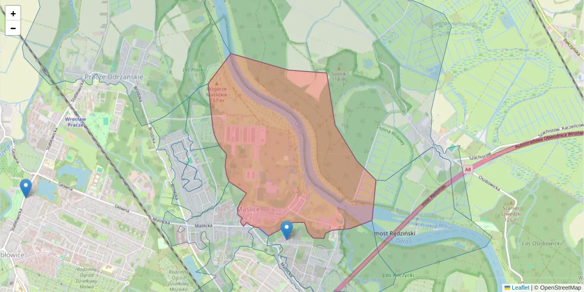Szczegółowa mapa kodu pocztowego 54-105 z granicami, sąsiednimi kodami pocztowymi i urzędami pocztowymi