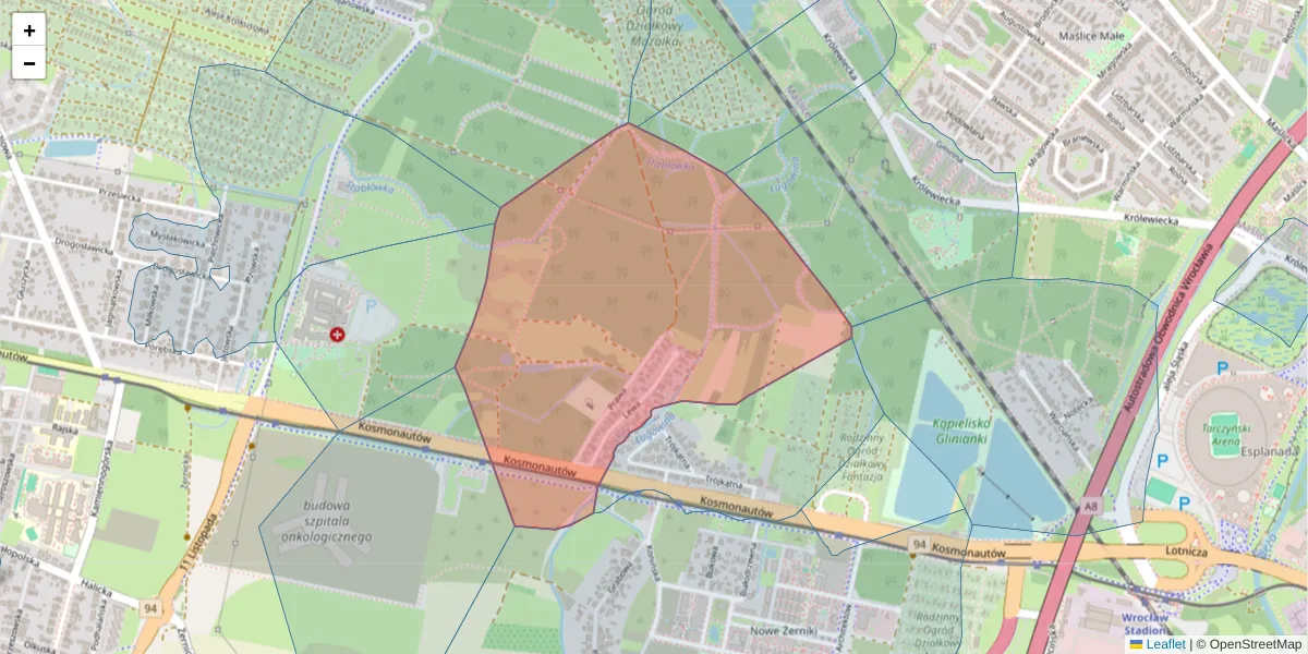 Szczegółowa mapa kodu pocztowego 54-114 z granicami, sąsiednimi kodami pocztowymi i urzędami pocztowymi